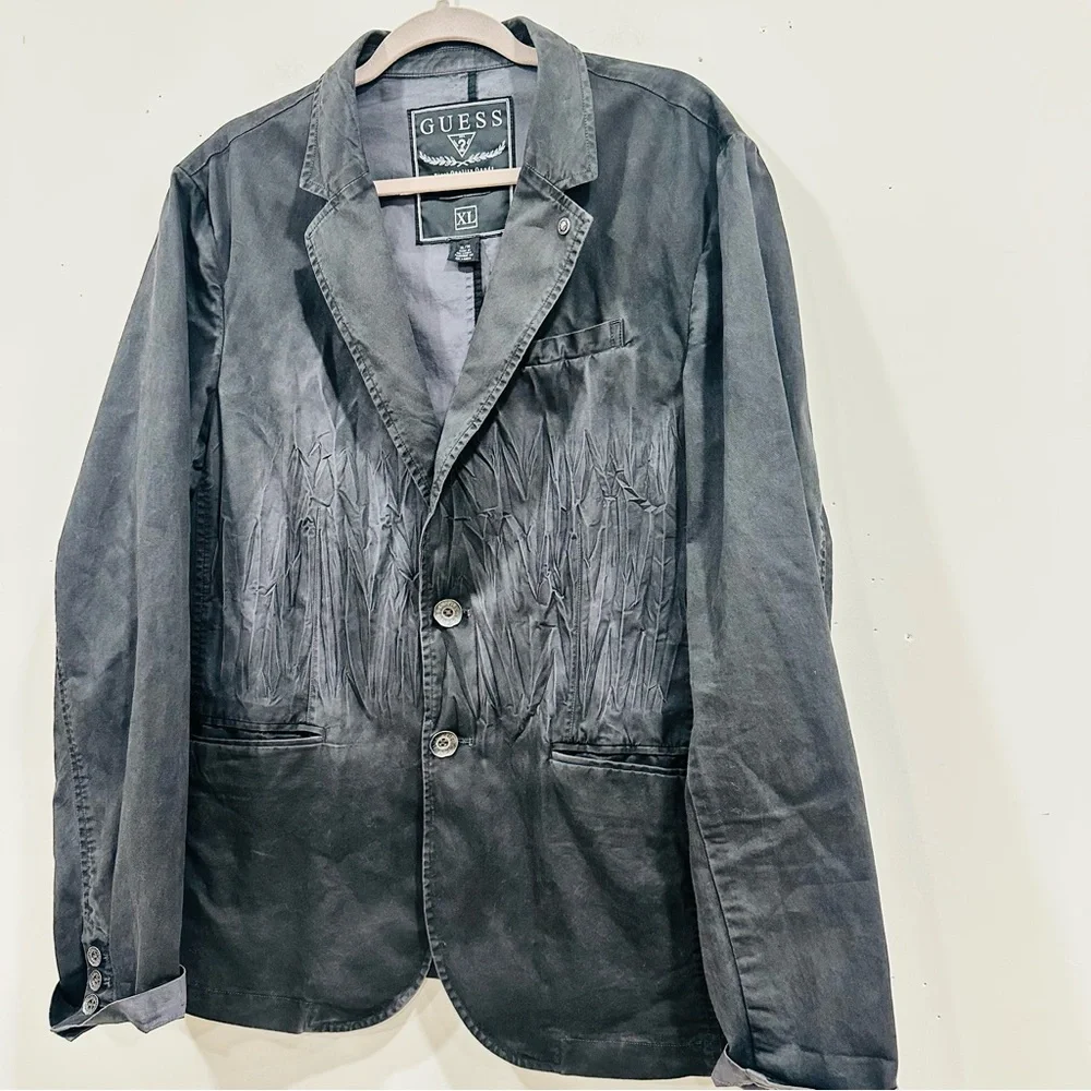 Vintage GUESS Men's Cotton Blazer Jacket XL Black‎ Distressed Crinkle Y2K Grunge